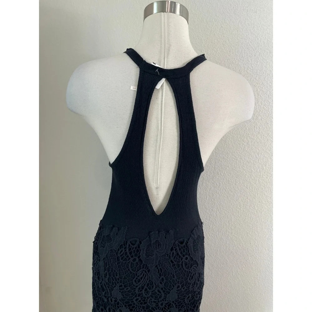 NEW Free People Medium Nora Tank Dress Black Knit Floral Lace Midi Festival Boho